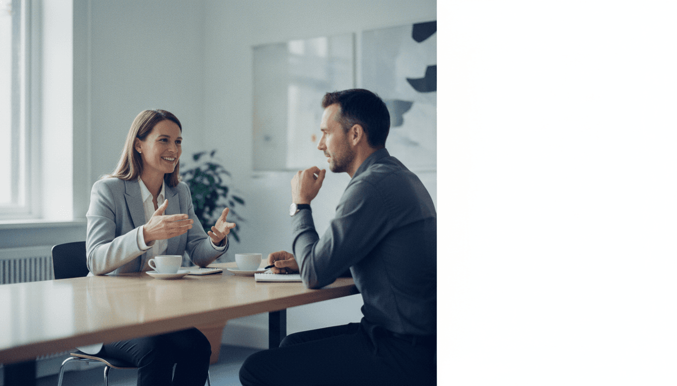 Two professionals in conversation across a table in a bright office.